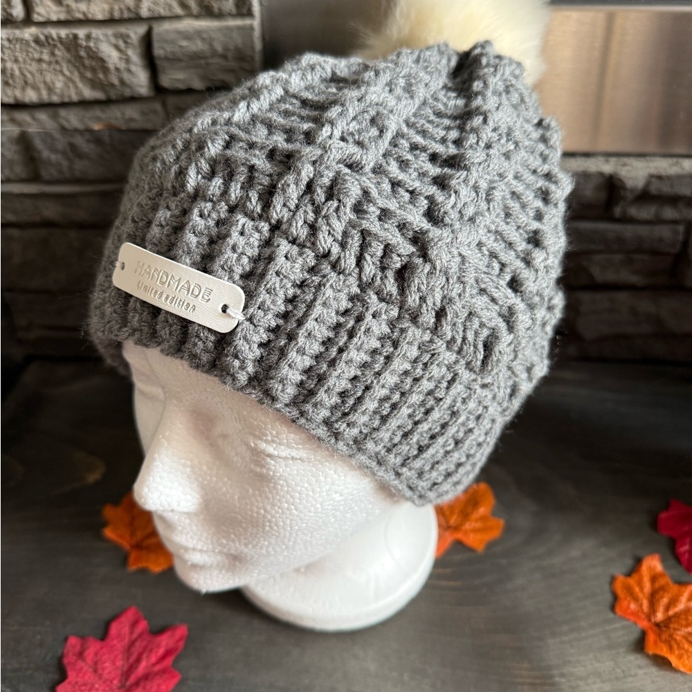 Gray Knit Beanie with Pom Pom